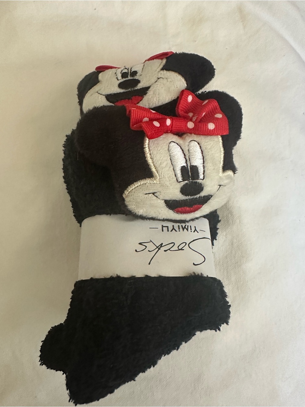 Kids Black Minnie Mouse Plush Slipper Socks with Red Bow
